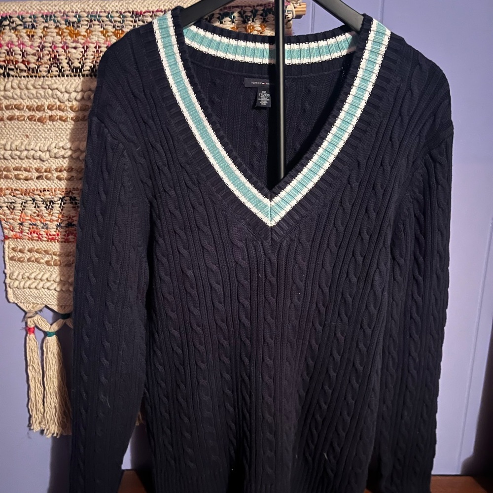 Tommy Hilfiger Navy Sweater with Striped Neckline